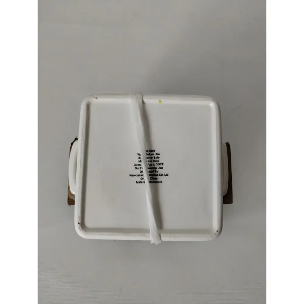 White Square Stoneware Baking Dish w/ Lid Bow Handle Oven Safe 350°F